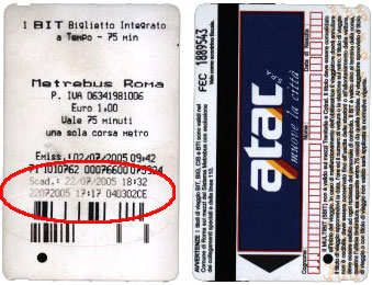 Die Fahrkarten der ATAC: Die Vorderseite (rechts) sieht immer wieder anders aus, wichtig ist die Rückseite (hier ein BIT). Rot umrandet ist der Stempel, der vom Entwerter hinzugefügt wird: "Scad[enza]" bezeichnet den "Verfallstermin" - bis zu diesem Zeitpunkt ist die Karte gültig. 